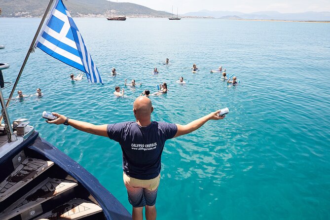 Athens Sunset Dinner Cruise – Swim Stop, Dinner & Open Bar - Stop 1 Near Hydroussa Island: Snorkeling Gear and Jump-Off Fun